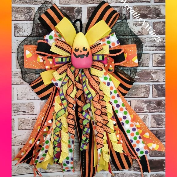 Candy Corn Halloween Bow, Mailbox Bow, Wreath Bow, Tree Bow, Spooky Bow - Picture 1 of 7